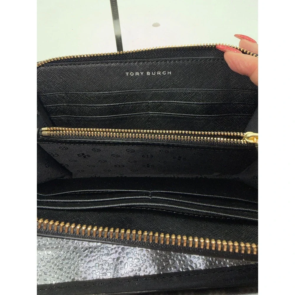 Tory Burch Black Saffiano Leather Perforated Zip Around Continental Wallet